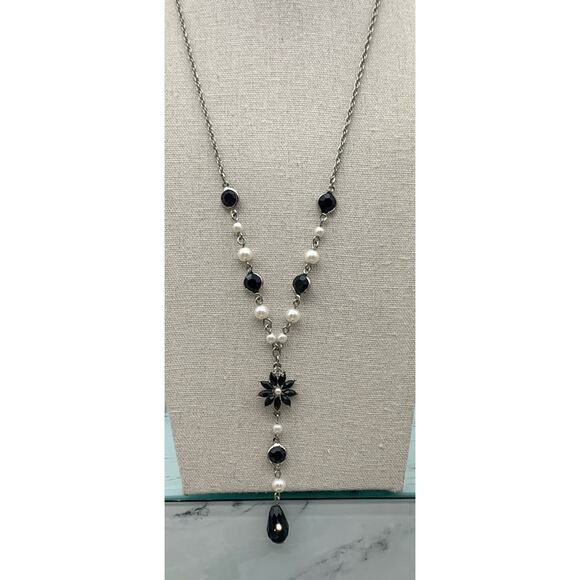 Charming Charlie Silver Tone Faux Pearl & Black Rhinestone Y Drop Necklace - Picture 1 of 4